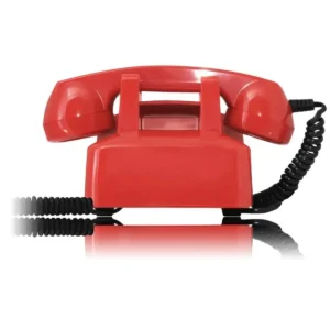 Rotes Retro-Wählscheibentelefon von hinten