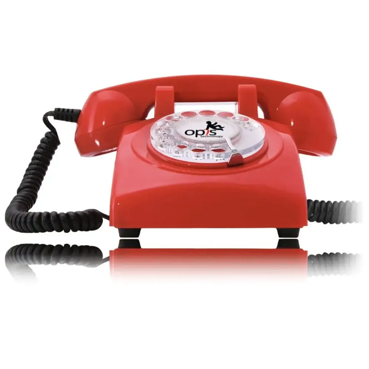 Rotes Retro-Wählscheibentelefon von vorne